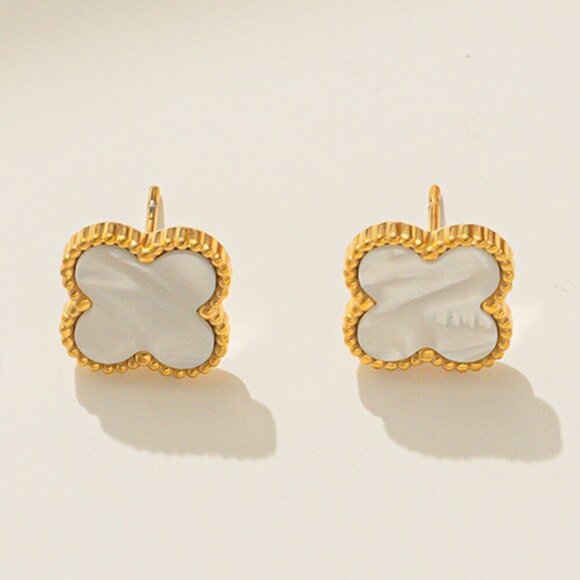 18K Gold Plated Stainless Steel Earrings, White Clover Quatrefoil Design - Picture 1 of 3